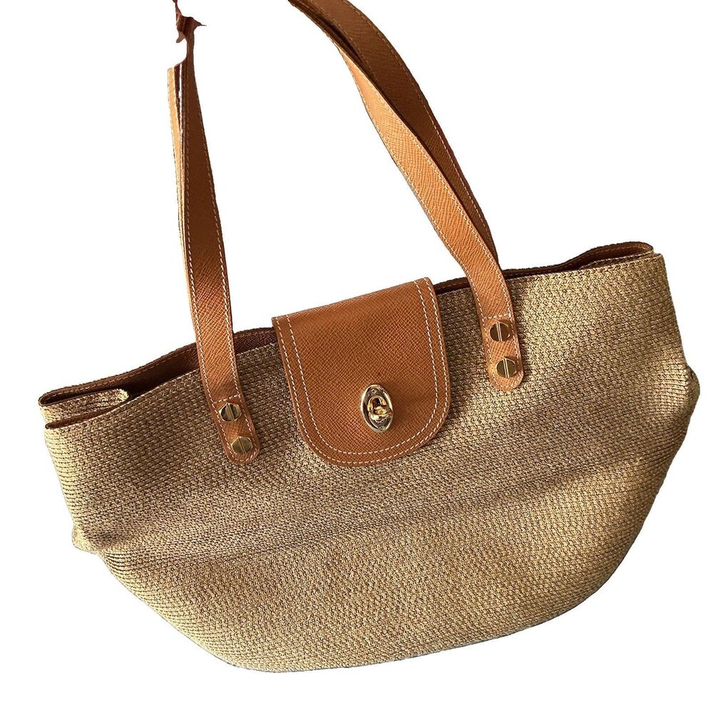 Eric Javits New York Woven Straw Tote Shoulder Bag Brown Leather Trim Gold